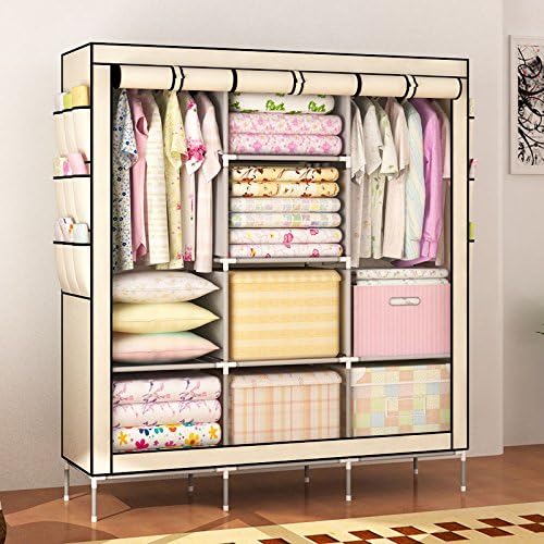 Mow-Wow Christmas Gift Fashionable Clothes Closet Portable Wardrobe Storage Organizer with Shelves Multilayer Sturady Durable Construction Stroage Cabinet BEIGE
