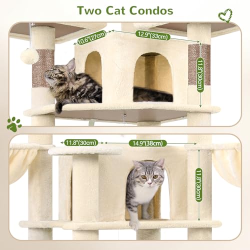 Globlazer Large Beige Cat Tree XXL Height 204 cm with 3 Padded Perches, 2 Kennels, 2 Baskets, Hammock, Stable Cat Tower for 3-5 Adult Cats Rest Play Scratching (F80, Beige)