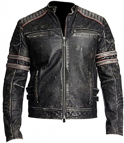 MPASSIONS Cafe Racer Retro Motorcyle Black Distressed Leather Biker Jacket