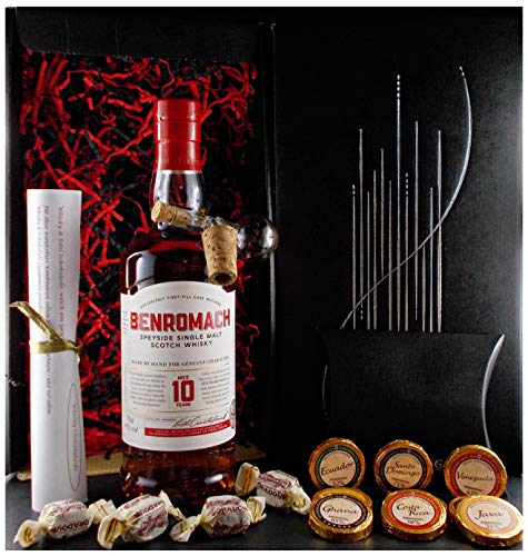 Geschenk Benromach 10 Jahre Single Malt Whisky + Glaskugelportionierer + Edelschokolade + Fudge
