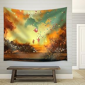 Illustration - Boy and Magician Holding Balloon Standng on a Path of Fantasy Land,Illustration - Fabric Wall Tapestry Home Decor - 51x60 inches
