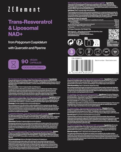 Trans-Resveratrol & NAD+ Liposomal, con Quercetina y Piperina, 580 mg por Cápsula, 90 Cápsulas - Antiedad y Activador de Sirtuinas - Zenement