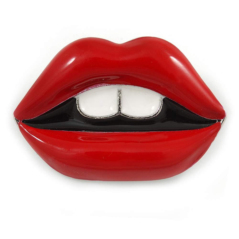 Funky Red Enamel Lips Brooch In Silver Tone Metal - 37mm Across