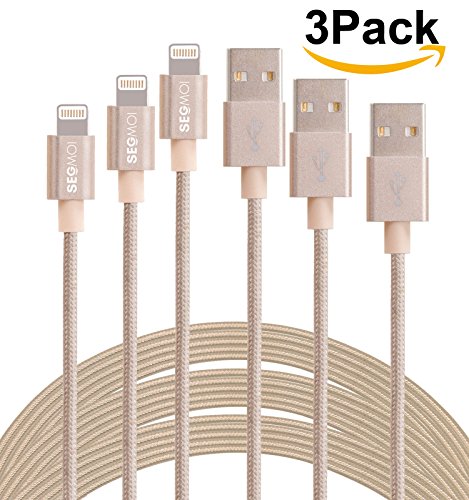 3Pack 3M 10Ft Durable Nylon Braided Lightning 8Pin to USB Data Sync Charging Cable Charger Cord With Aluminum Heads for iPhone 6/6s/6 Plus/5/5c/5s, iPad 4 Mini Air iPod Nano 7 iPod Touch 5 (Golden)