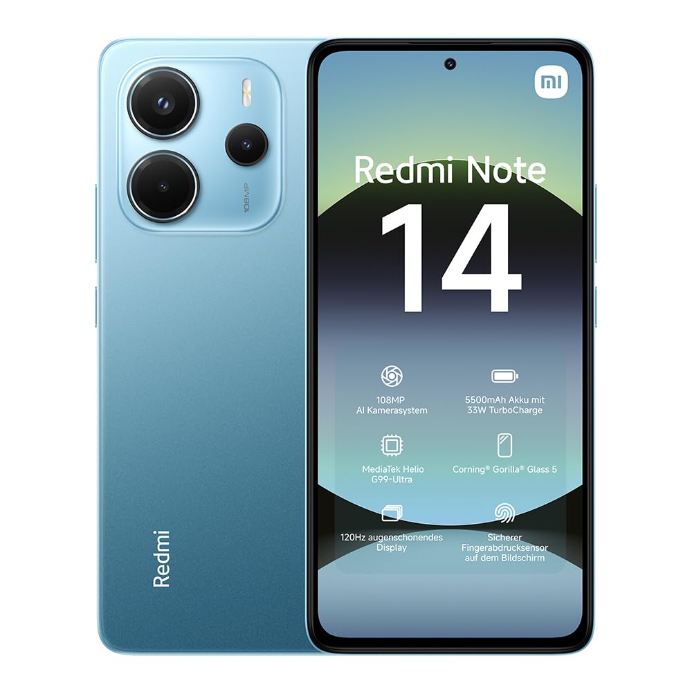 Xiaomi Redmi Note 14 Smartphone, 6 + 128GB, Blue, 108MP AI-Kamerasystem, 5500mAh Akku, 120Hz Augenschutzdisplay, AI-Funktionen (kein Ladegerät enthalten)