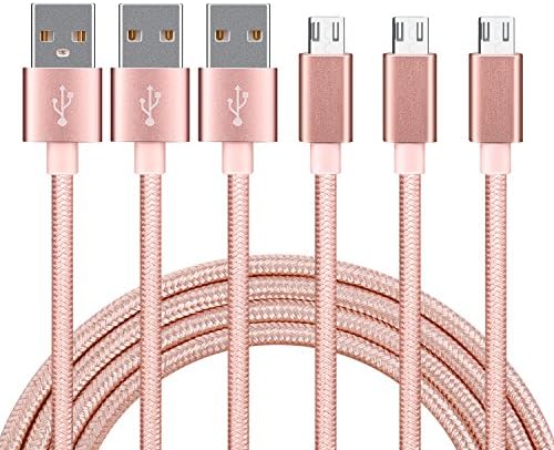 Premium 3 Pack 3FT 6FT 10FT Nylon Braided Micro USB Cable, A Male to Micro B Sync and Charge Cable Cord for Samsung, HTC, Motorola, Nokia, Android and More (Rose)