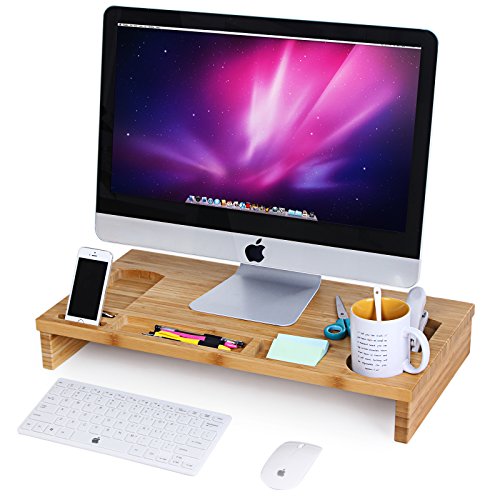 SONGMICS Bamboo Wood Monitor Stand Computer Riser with Storage Organizer Office Desk Laptop Cellphone TV Printer Desktop Container Natural ULLD201