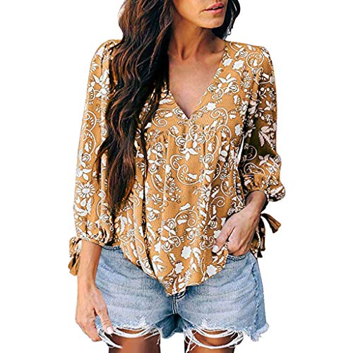 Tantisy ♣↭♣ Women's Casual Sweet & Cute Loose Shirt Lace Up Balloon Sleeve V-Neck Blouse Bohemian Top Yellow