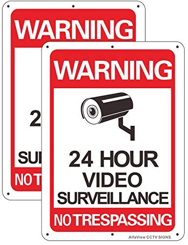 AlfaView Video Surveillance Sign, CCTV Security Alert Sign 10"x 7" 0.40 Aluminum 24 Hour Surveillance No Trespassing Metal Reflective Warning Sign, UV Protected & Waterproof for Indoor/Outdoor Use(2)
