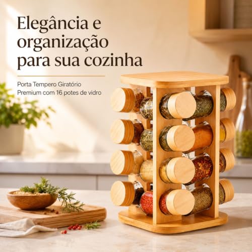 Porta Temperos Giratório 360° em Bambu com 16 Potes de Vidro 80ml, Base Quadrada – Organizador Premium para Cozinha