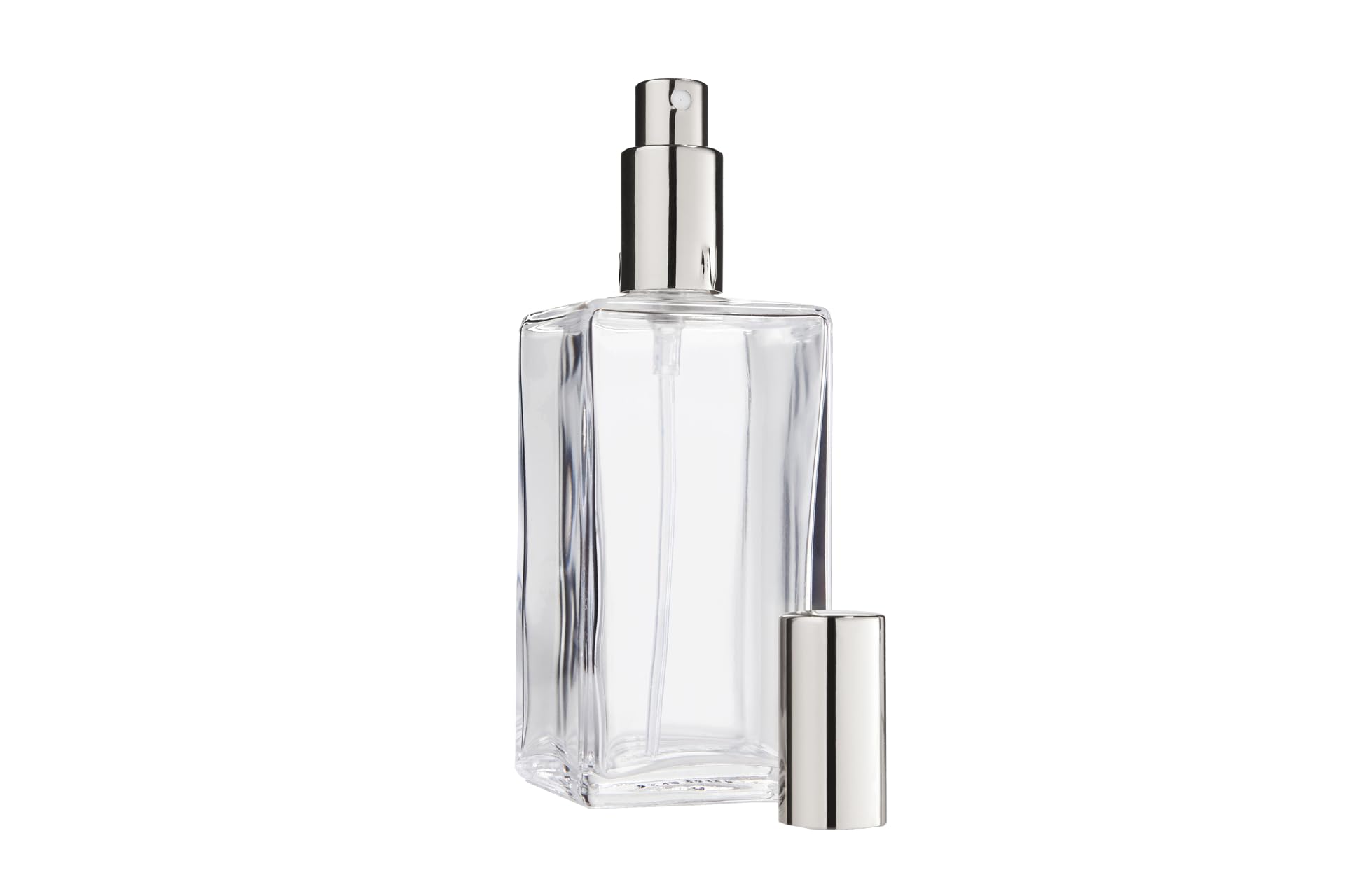 Fantasia Stylish Atomiser Spray Bottle - Square 100ml Refillable Perfume Atomiser with Pump, Clear and Silver Glass Bottle