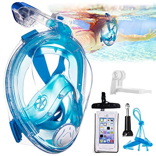 YSBER Full Face Snorkel Mask - 180 Seaview Snorkeling Mask with Action Camera Mount - Anti-Fog Anti-Leak Panoramic View Snorkel Set for Adults or Kids (Blue, L/XL)