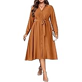 RITERA Plus Size Dresses for Curvy Women Long Sleeve Midi Fall Caramel Brown Shirt Dress Casual V Neck Button Down Winter Flowy A Line Wedding Guest Soft Work Dress with Belt and Pocket 3XL 22W 24W