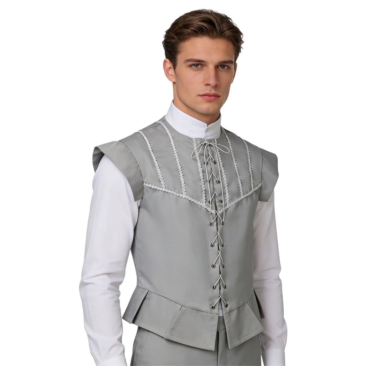 BPURB Mens Steampunk Gothic Pirate Vest Renaissance Medieval Lace-up Waistcoat Victorian Costume (X-Large, Silver)
