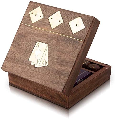 Unique Birthday Gift Ideas Handcrafted Classic Wooden Playing Card Holder Deck Box Storage Case Organizer With Dice & Single Pack of Premium Quality 'Ace' Playing Cards Gifts For Him Her