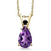 Gem Stone King 14K Yellow Gold Purple Amethyst and Black Diamond Pendant Necklace for Women | 1.12 Cttw | Gemstone February Birthstone | Pear Shape 9X6MM | With 18 Inch Chain