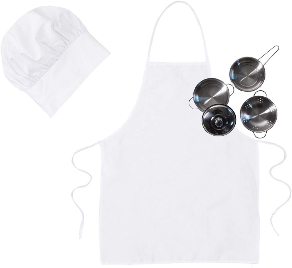 Kids White Chef Cooking Gift - Apron, Hat & 4 Piece Stainless Steel Frying Pan Set