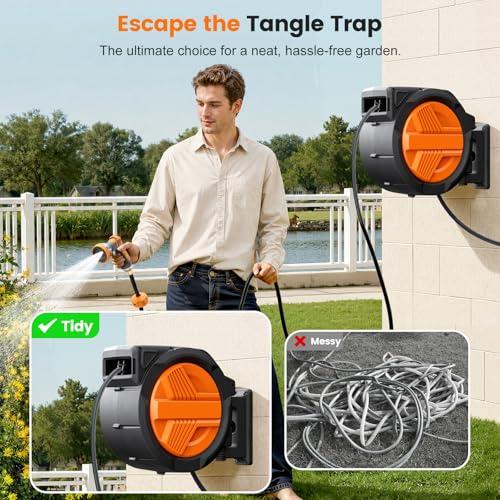 Retractable Garden Hose Reel 1/2” x 100ft, Auto Rewind Hose Reels for Outside, Heavy-Duty Wall-Mounted Outdoor Hose, 10-Mode Nozzle, Adjustable Length, 180° Rotation for Watering, Car Washing