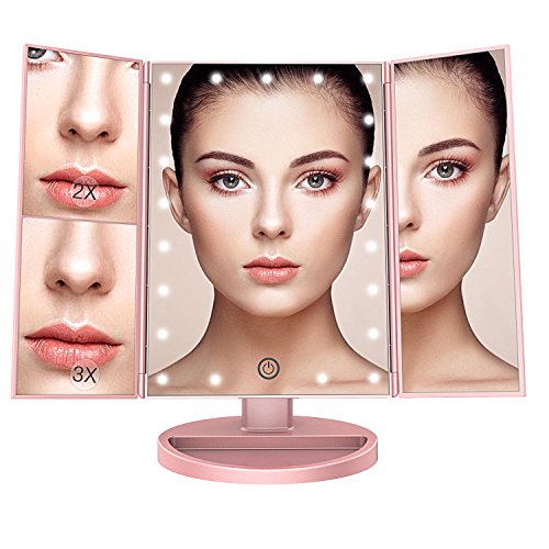 BESTOPE Makeup Vanity Mirror with 3x/2x Magnification,Trifold Mirror with 21 Led Lights,Touch Screen, 180° Adjustable Rotation,Dual Power Supply, Countertop Cosmetic Mirror (Pink Gold)