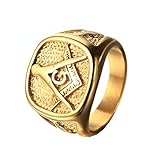 PMTIER Men's Engraving Stainless Steel Fraternity Freemason Masonic Rings Gold Plated Size 9