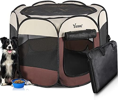 Ysding Portable Foldable Pet Playpen and Puppy Playpen with Free Carrying Case Collapsible Travel Bowl,Indoor/Outdoor Use and Available in Brown 3 Sizes for Various Sizes Dog/Cat/Puppy/Rabbit