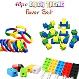 Brick Building Blocks Party Favor Novelty Toys Set, Block Bracelets, Erasers, Sharpeners, 48pcs, Great for Children Birthdays, Kid's Goody Bags, Reward Prize Boxes