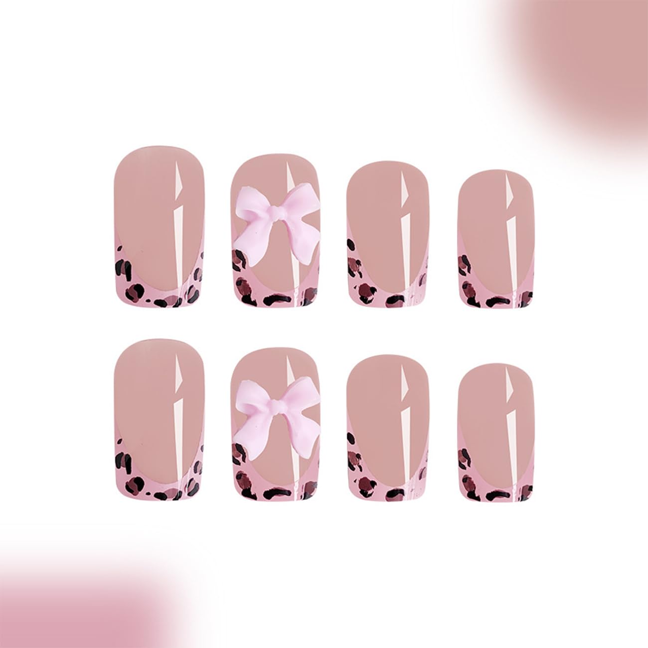 24Pcs Leopard French Tip Press on Nails Short Square Fake Nails Pink Glossy Bow Designs Full Cover Nude Glue on Nails Cute False Nails Stick on Nails for Women Girls Medium Manicure Decorations - Image 4