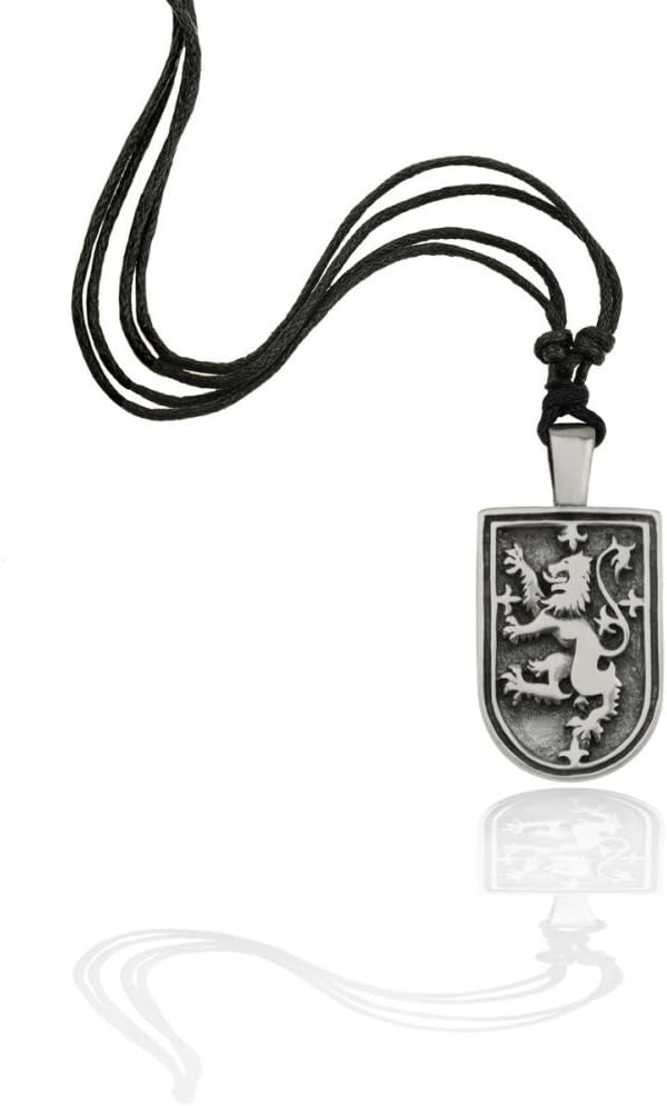 Scottish Lion Rampant On Shield Unisex Pewter Necklace Pendant and Adjustable Black Cord Necklet