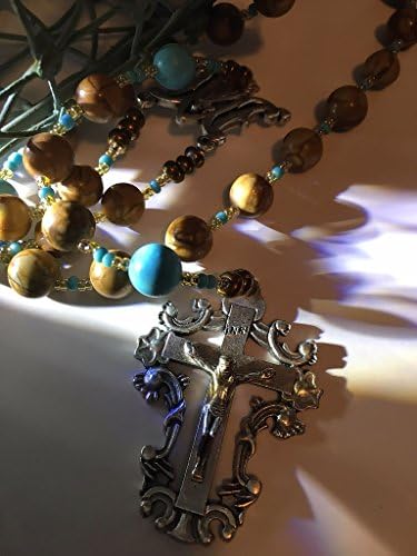 Rosary | Lovely, Earthy Tiger Jasper and Howlite Rosary with Large Sterling Silver plated Center and Crucifix