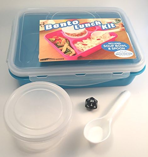 Bento Box Lunch Kit with 4 food compartments, Leak Proof Soup Bowl, Spoon, Henry Home Goods Healthy Food Game card, and Dice Bundle (Blue)