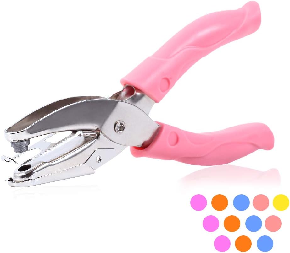 SPEEDWOX Paper Puncher Heart Star Circle Shape with Soft Pink Grip Single Handheld DIY Craft Paper Hole Punch Tool 6 Inches (6mm Circle)
