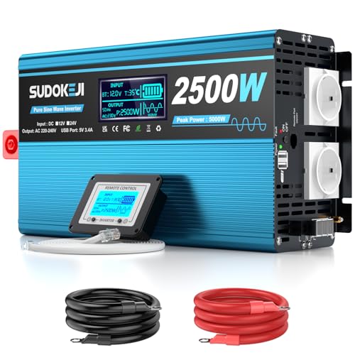 SUDOKEJI Pure Sine Wave Inverter 2500 W (5000 W Peak) - 12 V to 230 V Voltage Converter with LCD Display & Remote Control, 2 x EU Sockets & 2 x USB, Ideal for Motorhome, Truck, Boat, Camping