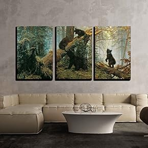 Black Bears In Forest - 3 Panel Canvas Art