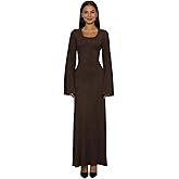 ZGMYC Women's Scoop Neck Lace Up Ribbed Maxi Dress Knit Flare Sleeve Bodycon Dress Loose Casual Long Dresses