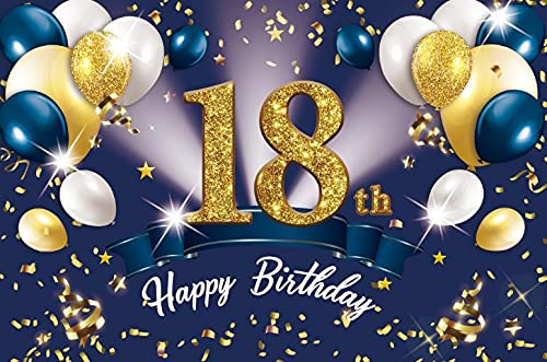Renaiss 7x5ft 18th Birthday Backdrop Balloons Gold and Dark Blue Photography Background for Boy Girl Birthday Party Decorations Supplies Cake Table Banner Vinyl Photo Booth Props