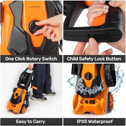 Pressure Washers 1800W 140Bar, Jet Washers Pressure Washers with Hose Reel Adjustable Nozzles & Foam Tank Power Cord, Portable Power Washer for Yard, Cars, Garden, Furniture.