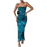 LIGHT DOT Women's Summer Dress Printed Strapless Tube Bodycon Maxi Side Slit Mesh Layered