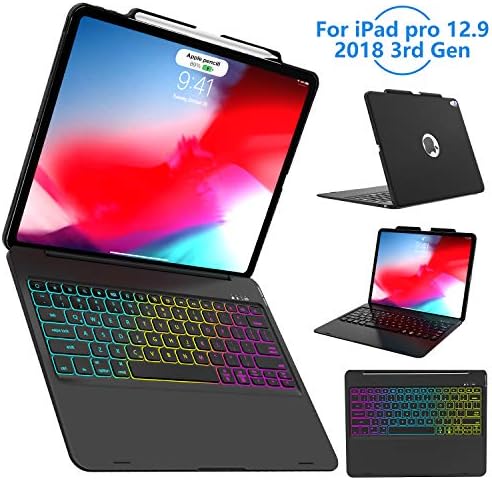 iPad Pro 12.9 Keyboard Case 2018 - [Support Apple Pencil Charging], 7 Color Backlit Wireless Keyboard with 135° Smart Folio Hard Back Cover, Ultra Slim, Auto Sleep/Wake (Not for 2017/2015), Black