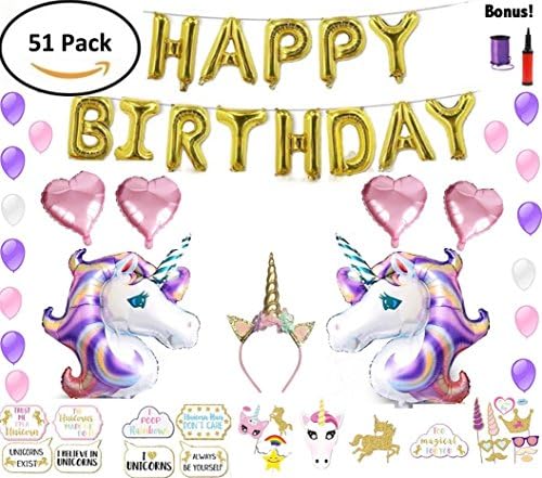 Unicorn Party Supplies Set &amp; Unicorn Balloons | Party Decorations for Girls | 51Piece Decor Pack for Kids w/Photo Booth Props, Happy Birthday Banner, Unicorn Balloon Kit, Unicorn Headband, Air Pump