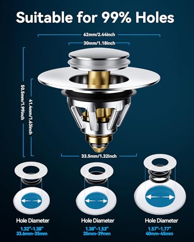 Magichome Pop Up Sink Plug Replacement for 34-45mm Drain Holes, Universal Wash Basin Plug with Built-in Strainer, Brass Anti-Rust Pop Up Stopper for Bathroom Sink