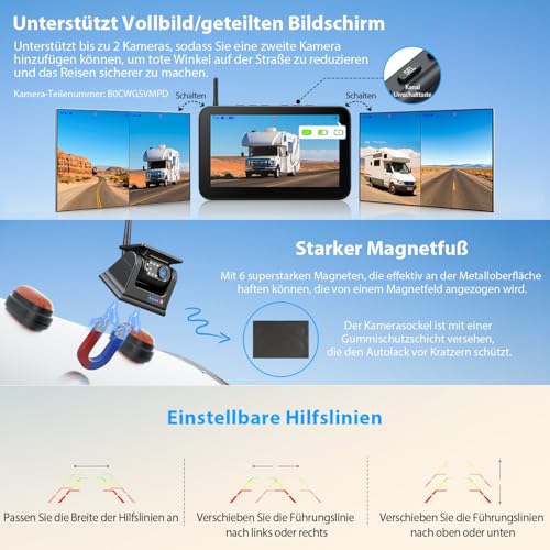7 Inch Wireless Solar Magnetic Reversing Camera: 9600 mAh Battery, 7 Inch 1080P HD Monitor, 1 Minute Installation, IP69K Waterproof Reversing Cameras, for Trailers, Motorhomes and Trucks