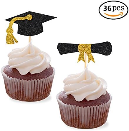 Graduation Cupcake Toppers Glitter Gold Hat Party Decorations Cake Picks Supplies 36pcs