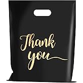 LoveBB 100 Pcs Thank You Merchandise Bags for Small Business, 2.36Mil Thickness 12x15 Inch Plastic Retail Shopping Bags with Handle for Goodie, Gift, Stores, Boutique, Clothing (Black)