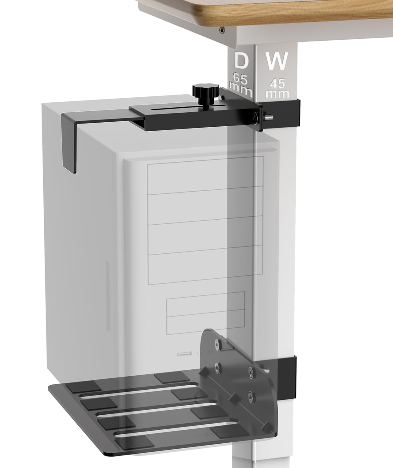 Photo 1 of Under Desk PC Mount - No Drilling 50lb Capacity, Computer Holder Under Table, Adjustable Height and Width, Clamp-on Leg PC Holder for Standing Desk(Fits 65mm×45mm Legs only), with Non-Slip Pads, Black