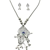 BIGNAY Zyrena Indian Jewelry Sets for Women - Oxidized Long Peacock Feather with Flute Pendant Necklace, Jhumkas Earrings, Traditional Vintage Ethnic Accessories Costume
