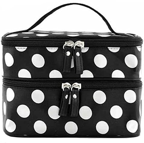Vellhater Dot Pattern Double Hand Storage Toiletry Layer Cosmetic Tool Makeup Case Bag