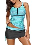 luvamia Women's 2 Pieces Print Zip Front Racerback Tankini Set Swimsuits with Skirt