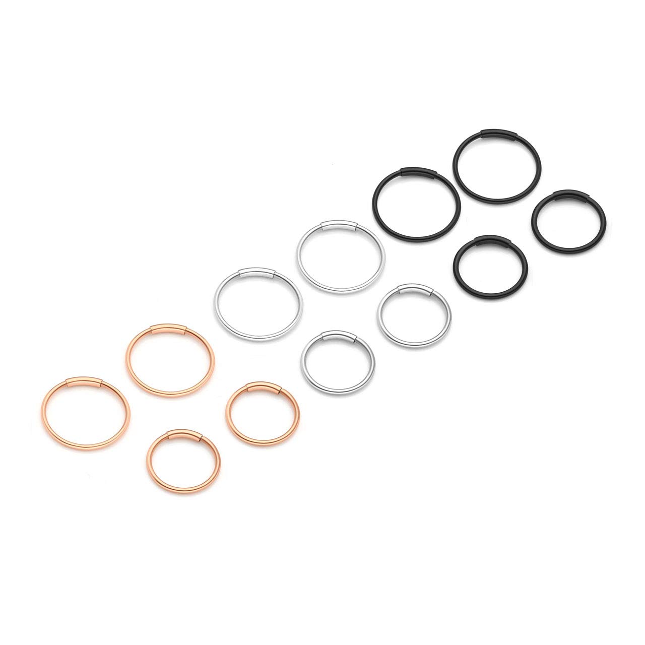 PiercingJak 12pcs Stainless Steel 20G Mixed 8mm 10mm Hinged Clicker Seamless Nose Hoop Rings for Nose Ear Helix Cartilage Tragus Daith Septum Eyebrow Lip Body Piercing Jewelry