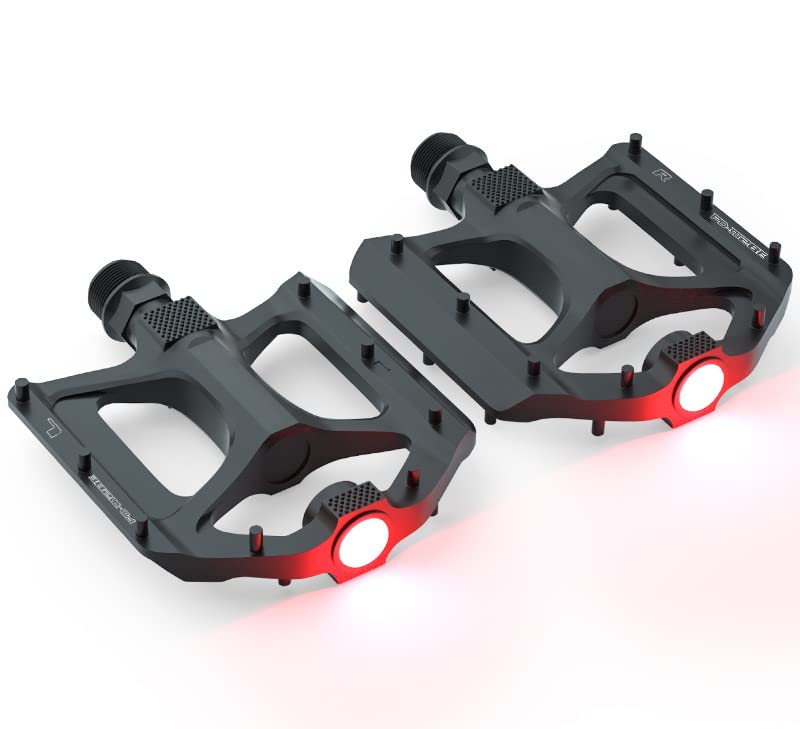 Bicycle Pedals with Warning Blinking LED Light, 9/16 Inch Axle CNC Aluminium MTB Sealed Bearings Non-Slip Wide Platform Pedal for Mountain Bike, Trekking, Road Bike Pedals, E-Bike, Black