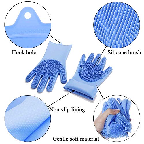 Magic Silicone Dishwashing Gloves Cleaning Scrubbing-Dish Wash Silicone Sponge Gloves with Scrubber,Magic Scrubby Gloves Great for Washing Dish,Kitchen,Car,Bathroom and More (Blue Gloves,1 Pair)